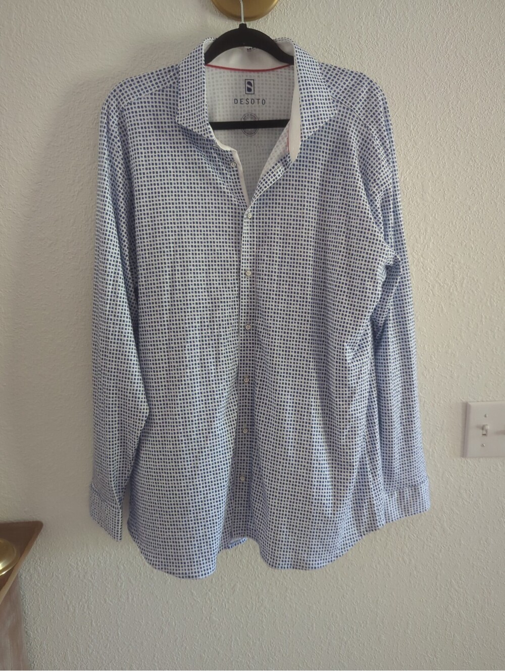 DeSoto Button Up Shirt Mens Blue White Geometric Stretchy Cotton Casual XXL